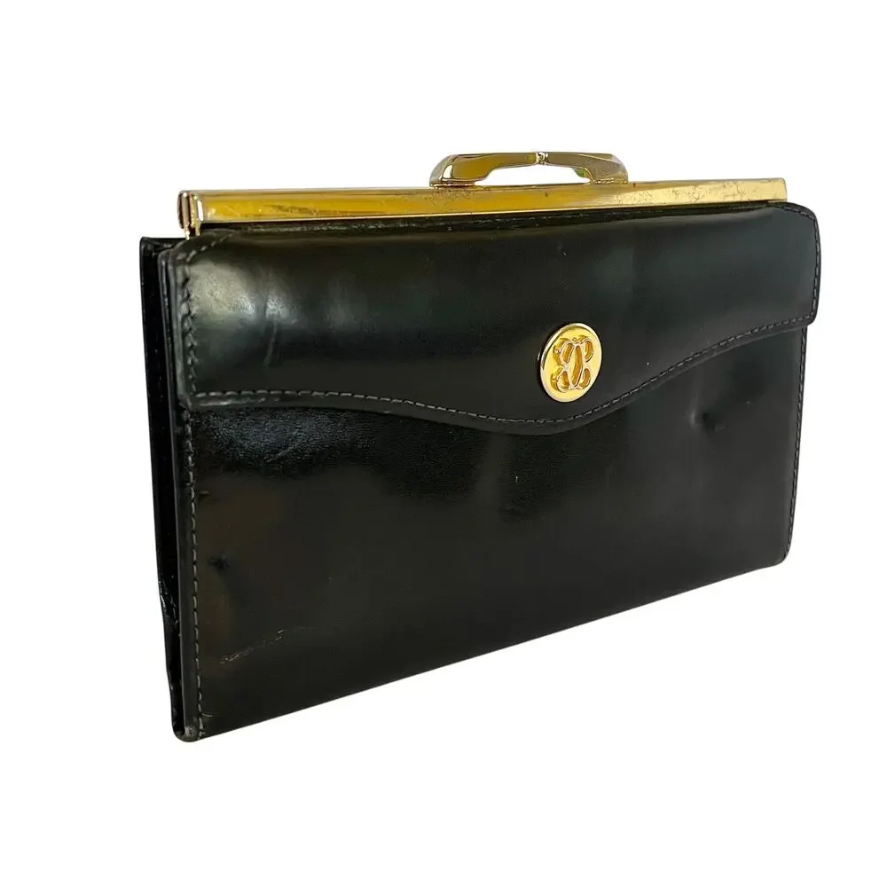 Vintage Bosca Black Full Grain Leather Continental Checkbook Frame Clutch Wallet